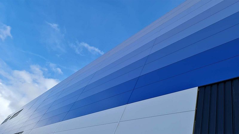 Blue cladding on steel fram building